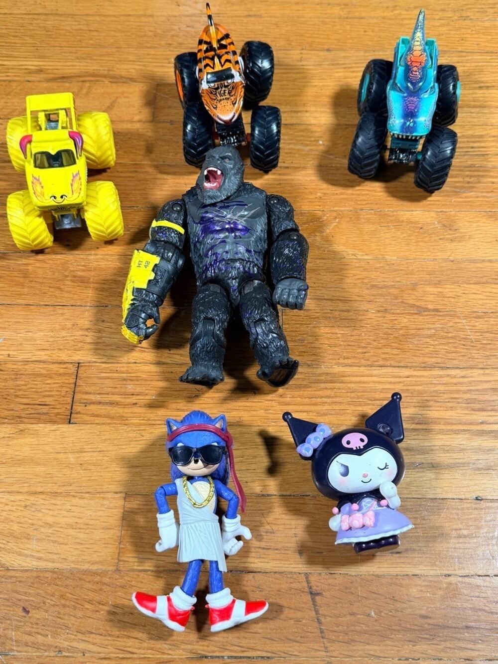 Mixed Toy Lot of 6 – Monster Trucks, Kong, Kuromi & Character Figures